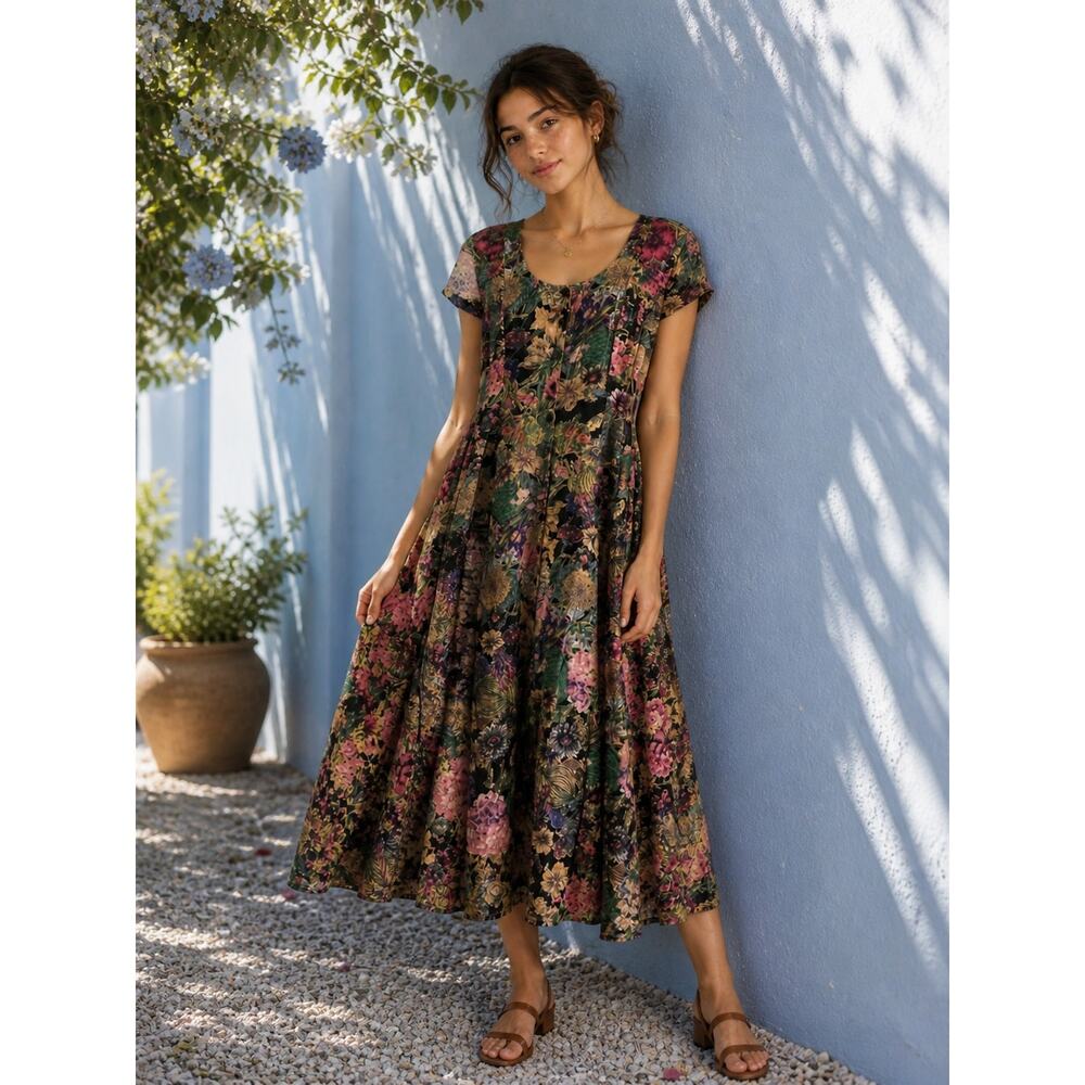 Vintage Starina Floral Maxi Dress Cottagecore Modest Womens Small Garden Fairy